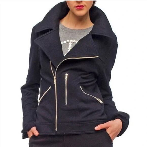 Norma Kamali Size Medium Black Moto Jacket Coat Motorcycle Punk Zippers Cotton - Picture 1 of 13